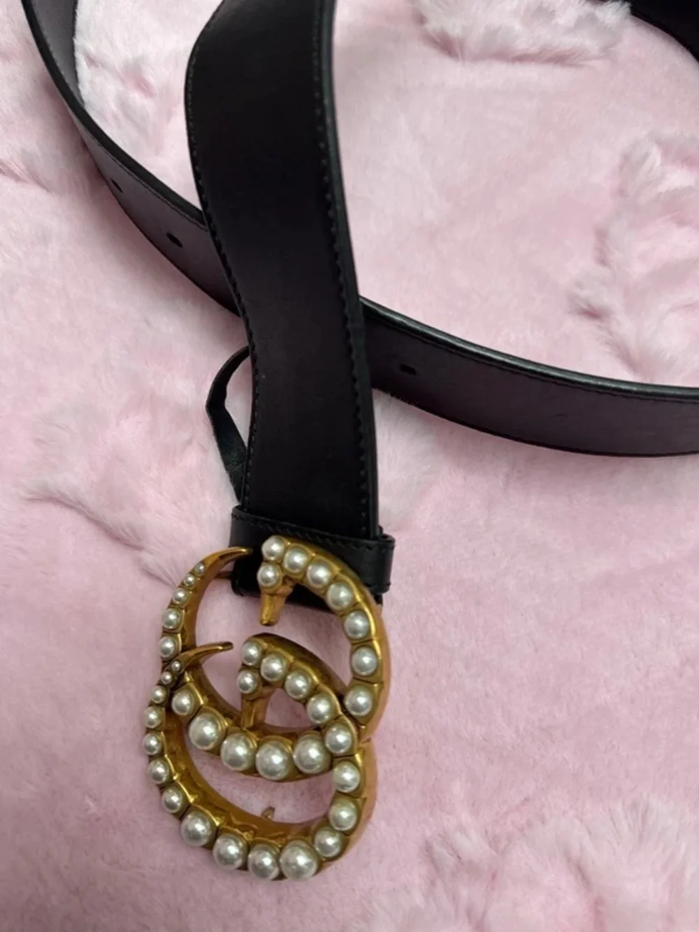 Gucci Black Leather Belt with Pearl-Embellished Gold Double G Buckle